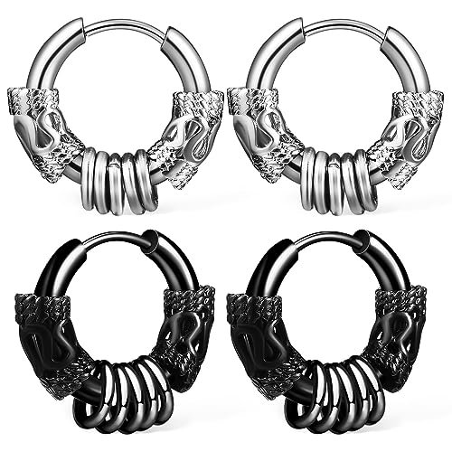 USHOBE 2 Paar Punk Hip Hop Creolen Wikinger Perlenring Huggie Creolen Edelstahl Huggie Creolen Für Männer Frauen Vintage Huggie Ohrringe Set (Schwarz + Silber) von USHOBE