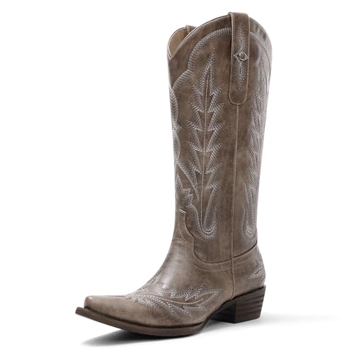 USIMAD Cowboystiefel für Damen, Cowgirl-Stiefel, kniehohe Stiefel, Stickerei, spitzer Zehenbereich, breiter Absatz, Westernstiefel, Braun, 36 EU USIMAD Cowboystiefel für Damen, Cowgirl-Stiefel, kniehohe Stiefel, Stickerei, spitzer Zehenbereich, breiter Absatz, Westernstiefel, Braun, 36 EU von USIMAD
