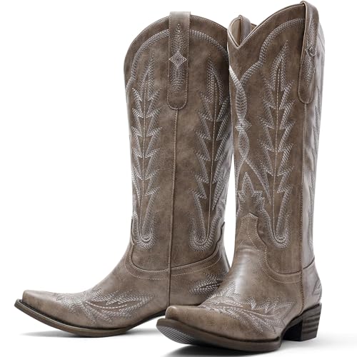 USIMAD Cowboystiefel für Damen, Cowgirl-Stiefel, kniehohe Stiefel, Stickerei, spitzer Zehenbereich, breiter Absatz, Westernstiefel, Braun, 40 EU USIMAD Cowboystiefel für Damen, Cowgirl-Stiefel, kniehohe Stiefel, Stickerei, spitzer Zehenbereich, breiter Absatz, Westernstiefel, Braun, 40 EU von USIMAD