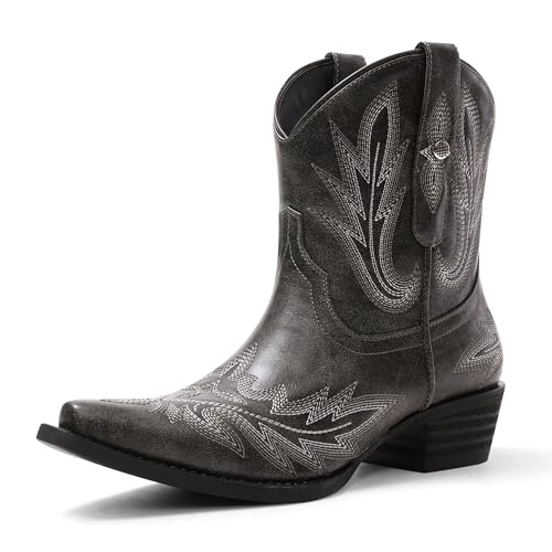 USIMAD Cowboystiefel für Damen, Cowgirl-Stiefel, zum Überziehen, Stickerei, spitzer Zehenbereich, breiter Absatz, kurze Westernstiefel, Schwarz, 38 EU von USIMAD
