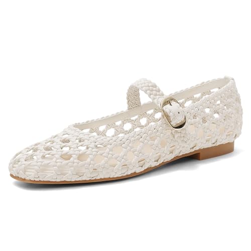 USIMAD Gewebte flache Schuhe für Damen, quadratischer Zehenbereich, bequemer Memory-Schaum, niedliches Netzkleid, Weiss/opulenter Garten, 39.5 EU von USIMAD