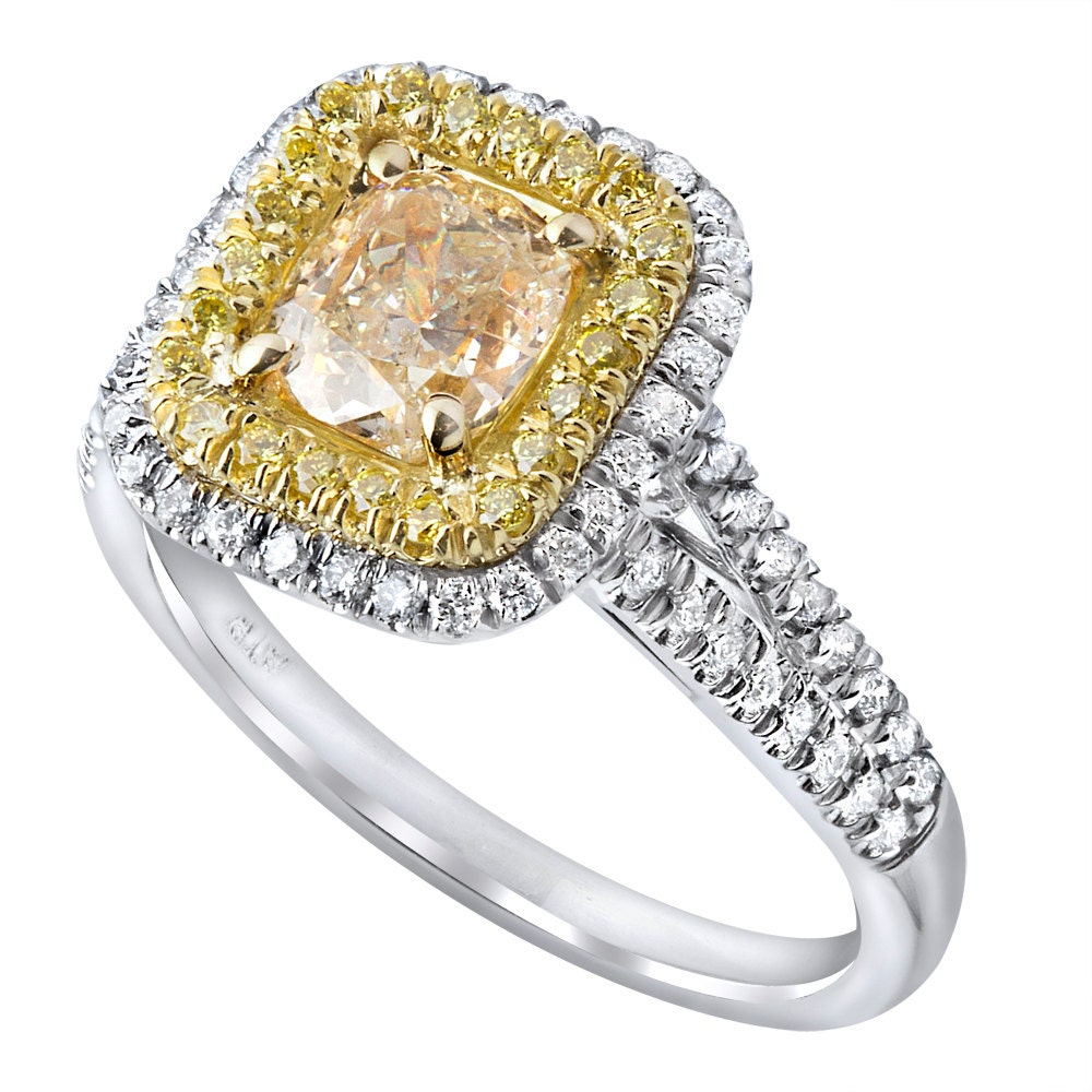 1, 59 Ct Gelb Kissen Diamant Verlobungsring Doppel Halo Set Split Bandring, 18K Zweifarbiger Goldring, Ring von USJewelryFactory