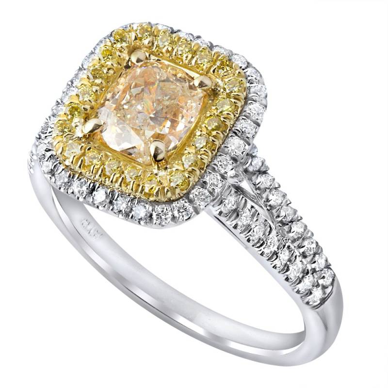 1, 59 Ct Gelb Kissen Diamant Verlobungsring Doppel Halo Set Split Bandring, 18K Zweifarbiger Goldring, Ring von USJewelryFactory