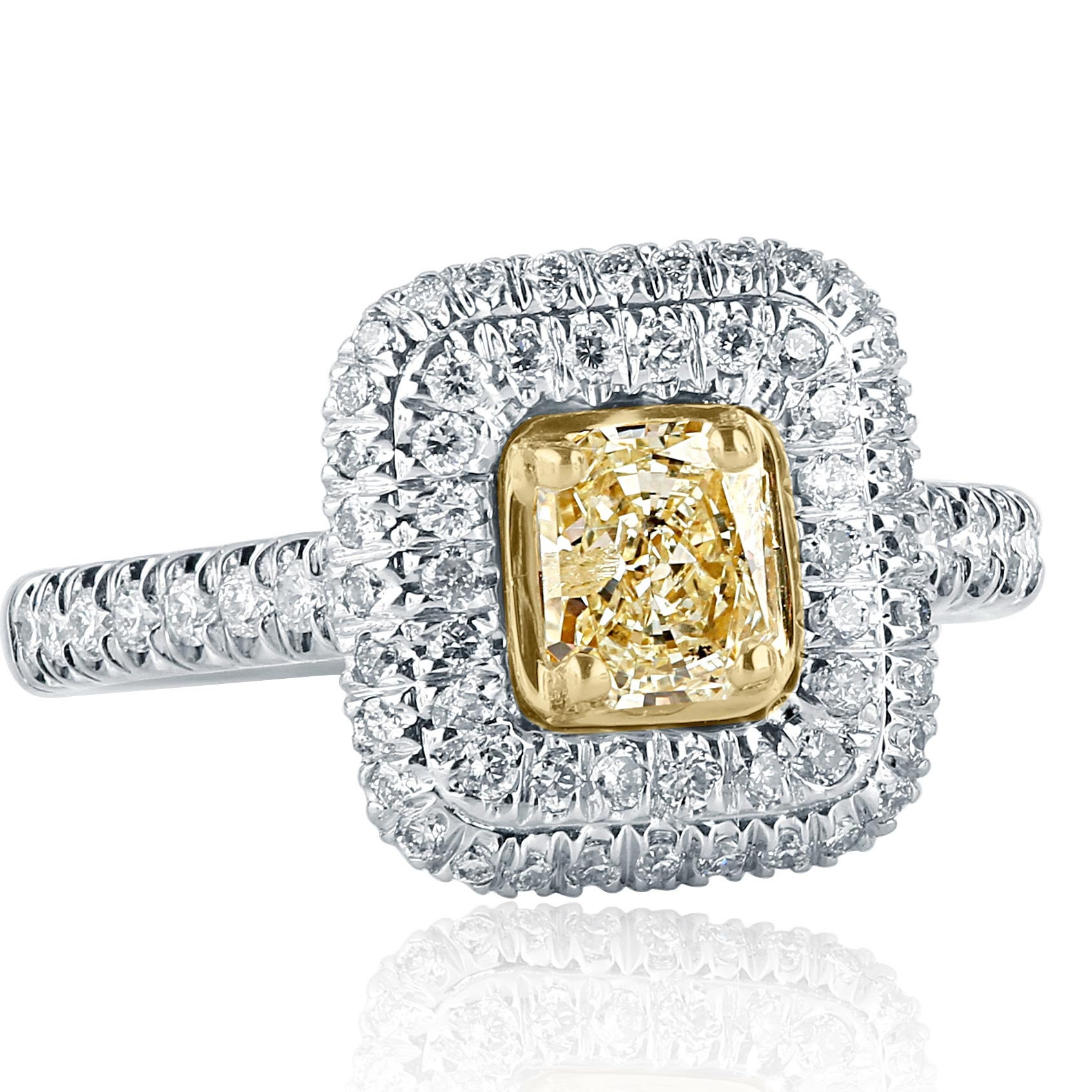 1.23 Ct Kissen Gelb Diamant Double Halo 18K Weißgold Verlobungsring von USJewelryFactory