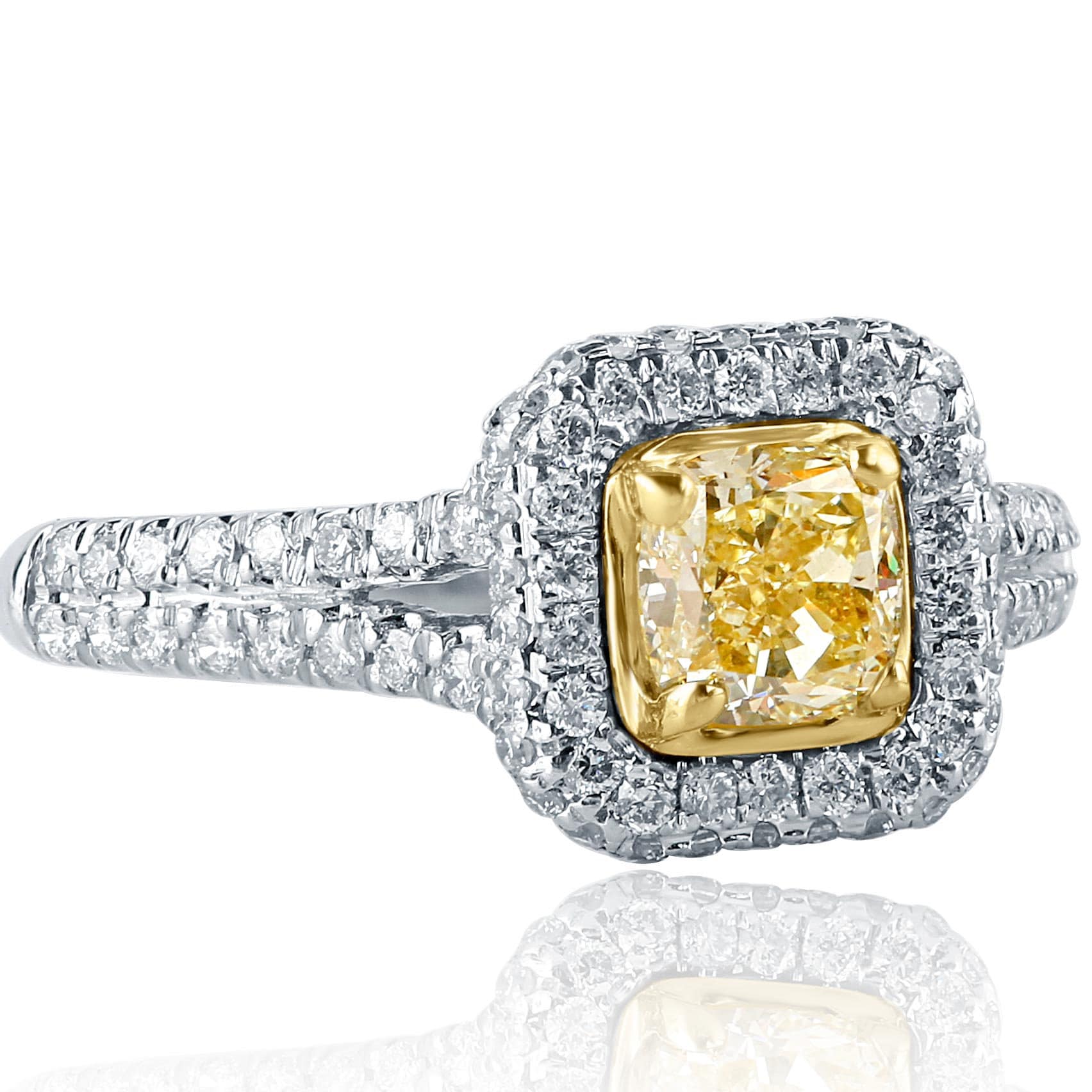 1.32Ctw Kissenschliff Gelb Diamant Halo Verlobungsring, 18K Weißgold Split Schaft von USJewelryFactory