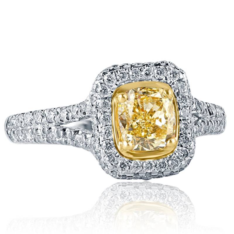 1.40Ct Diamant-Verlobungsring Im Kissenschliff, Gelber Diamant Vorschlagring, Diamanten Rundschliff An Der Seite, Geteiltes Schaftband Aus 18 Karat von USJewelryFactory