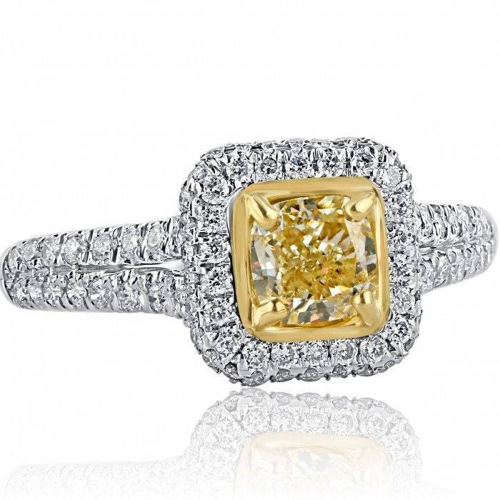 1.40Ctw Kissenschliff Gelber Diamant Halo Verlobungsring, 18K Weißgold Pave Band von USJewelryFactory