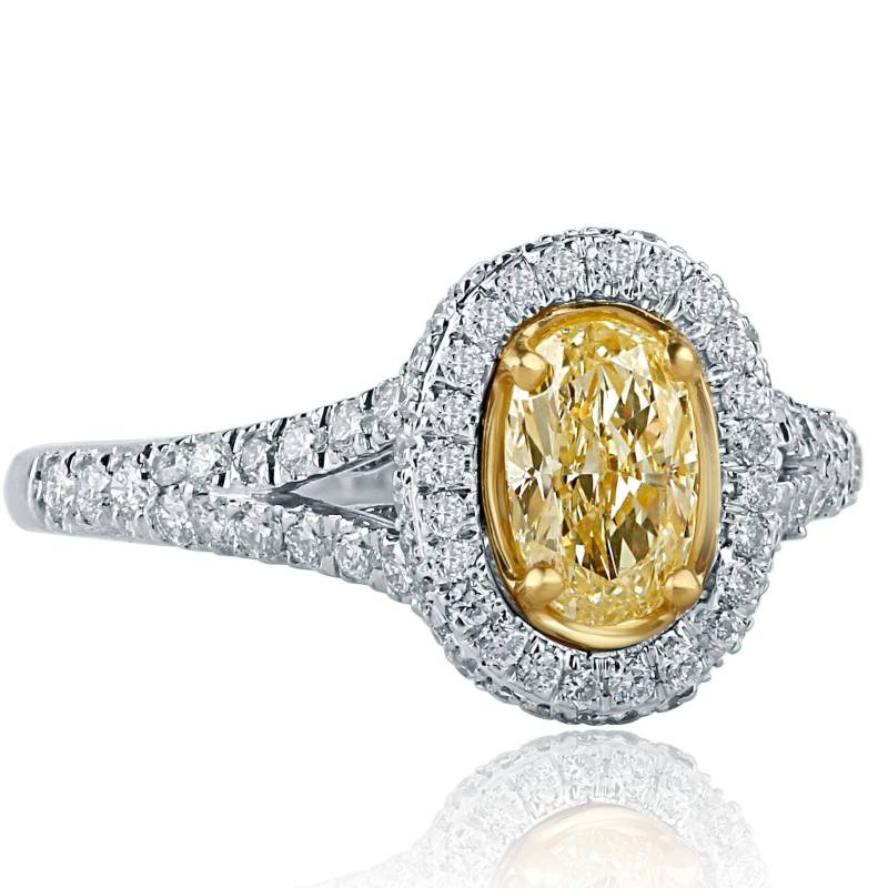 1.48 Ct Ovaler Diamant-Verlobungsring, Gelber Diamantring Mit Geteiltem Schaft, Halo-Verlobungsring, 18 Karat Weißgold von USJewelryFactory