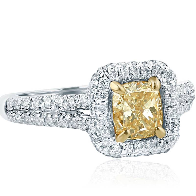 1.62 Ct Gelber Diamant-Verlobungsring, Naturdiamant Halo Im Kissenschliff, Frauen-Split-Shank Pave Set, Brautdiamantring, 18 Karat Weißgold 1.62 Ct Gelber Diamant-Verlobungsring, Naturdiamant Halo Im Kissenschliff, Frauen-Split-Shank Pave Set, Brautdiamantring, 18 Karat Weißgold von USJewelryFactory