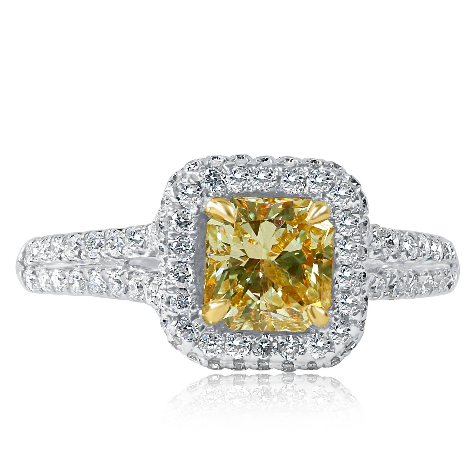 1.62Ctw Radiant Cut Hellgelber Diamant Verlobungsring, 18K Weißgold - Spaltschiene von USJewelryFactory