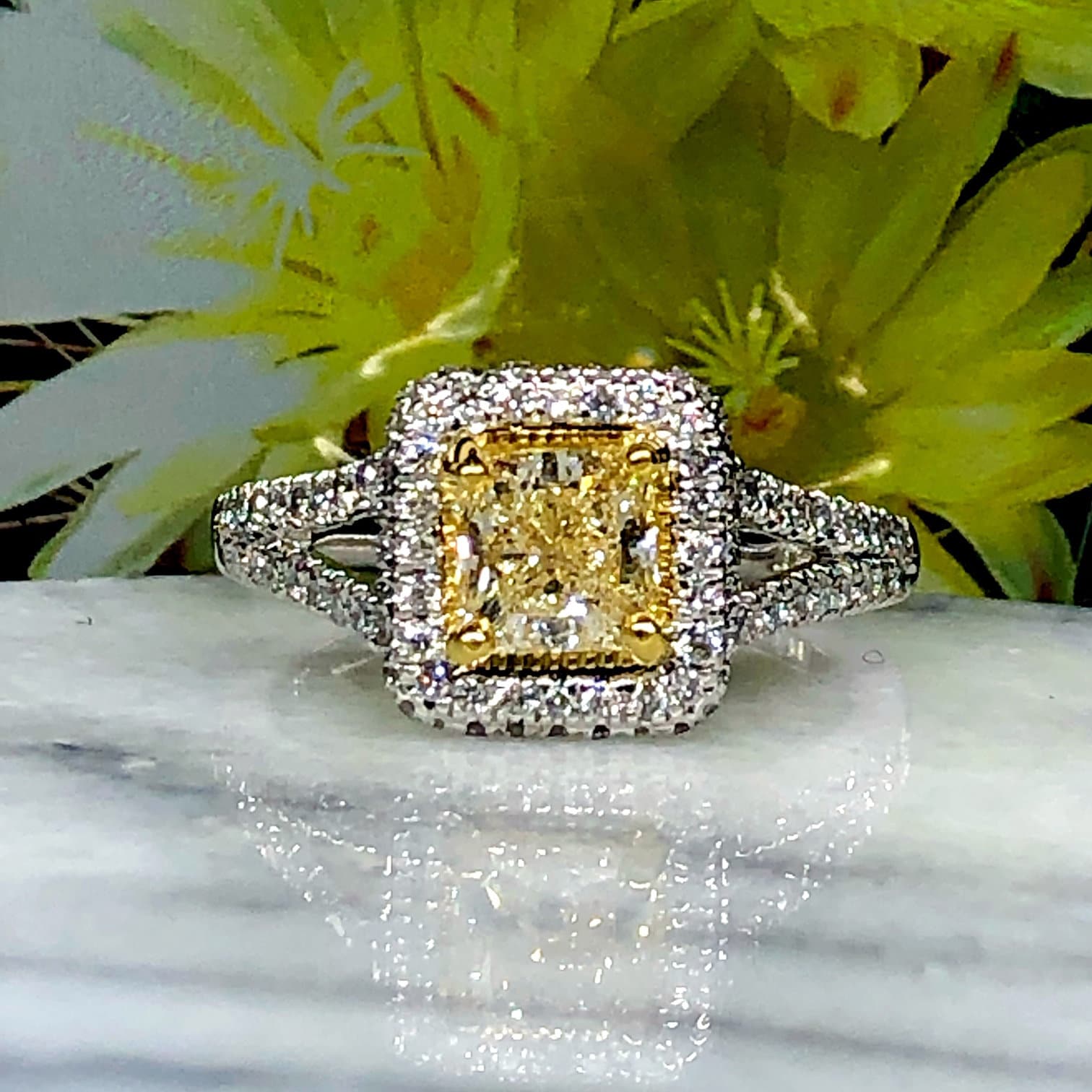 1.63 Ct Diamant Im Princess Cut Verlobungsring, Gelber Vorschlag Ring, Pave Set Halo Split Schaft 18K Weißgold 1.63 Ct Diamant Im Princess Cut Verlobungsring, Gelber Vorschlag Ring, Pave Set Halo Split Schaft 18K Weißgold von USJewelryFactory