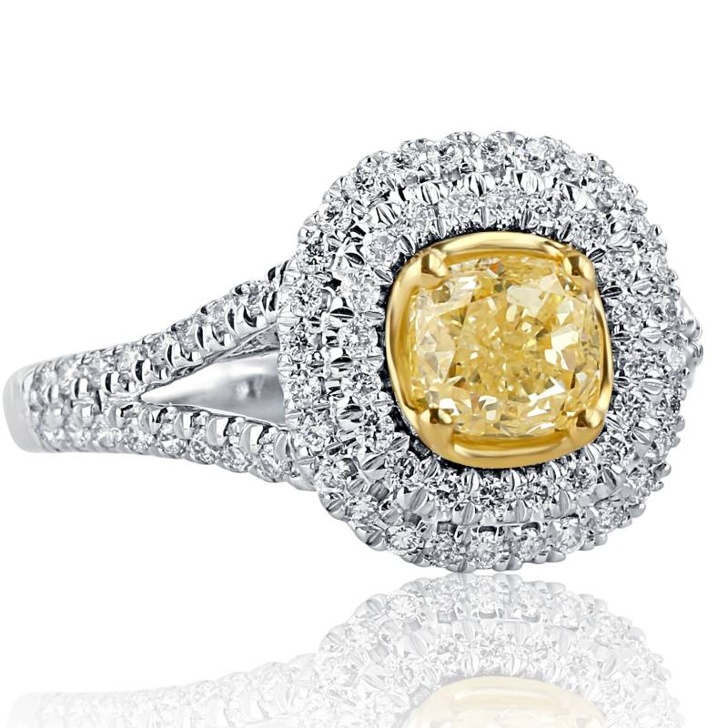 1.69Ctw Kissenschliff Gelb Diamant Verlobungsring, 18K Weißgold Split Schaft von USJewelryFactory