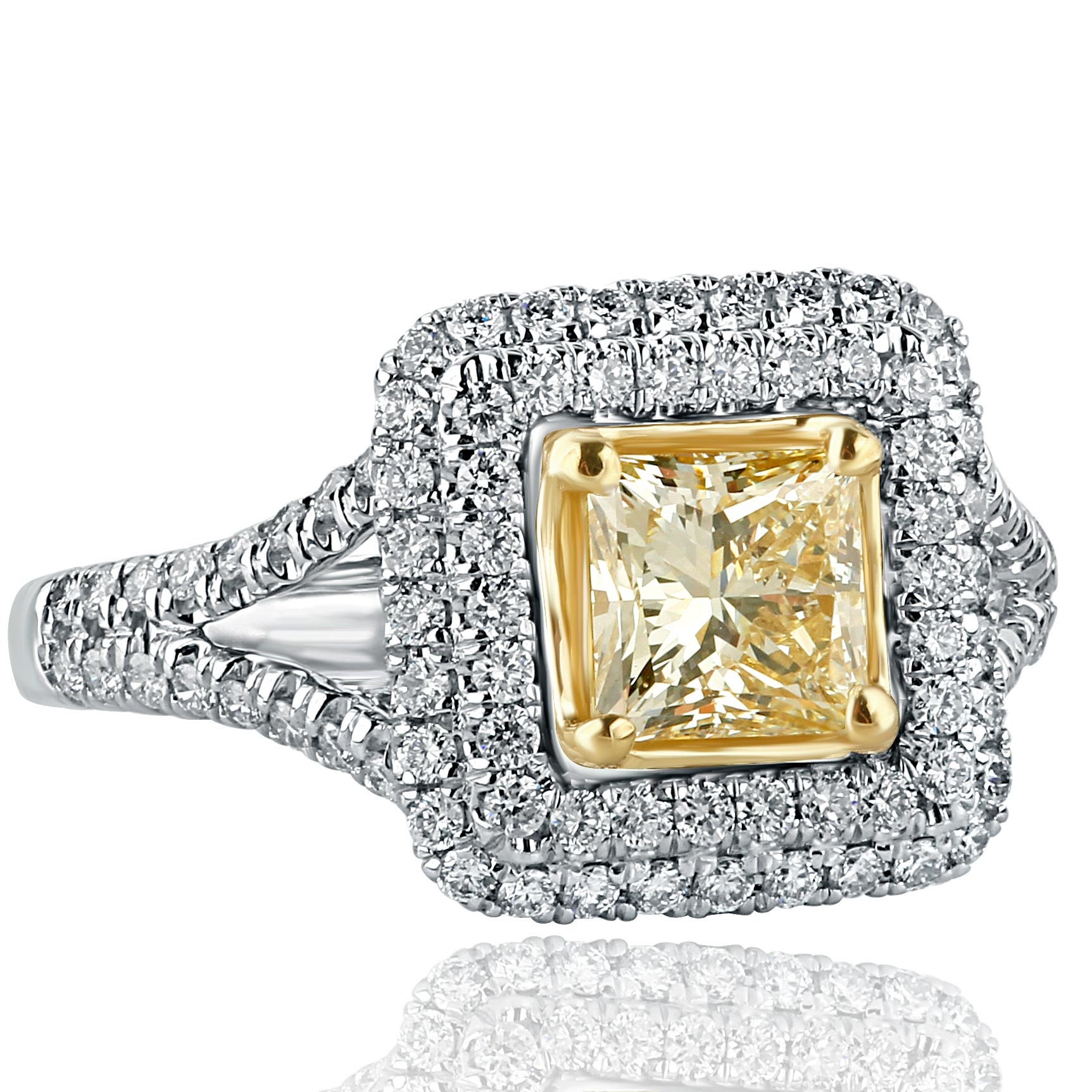 1.76 Ct Princess Cut Fancy Gelber Diamant Doppel Halo 18K Weißgold Verlobungsring von USJewelryFactory