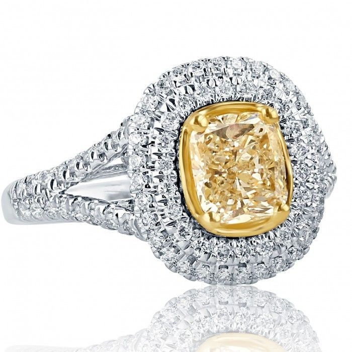 1.77 Ct Kissenschliff Gelber Diamant Verlobungsring 18K Zweifarbiges Gold Double Halo von USJewelryFactory