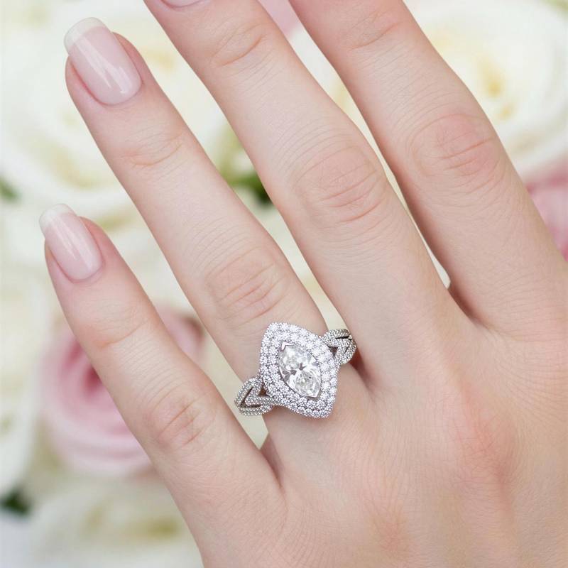 1.83Ctw Marquise Diamant Verlobungsring, 14K Weißgold Doppel Halo, Geteilter Schaft von USJewelryFactory