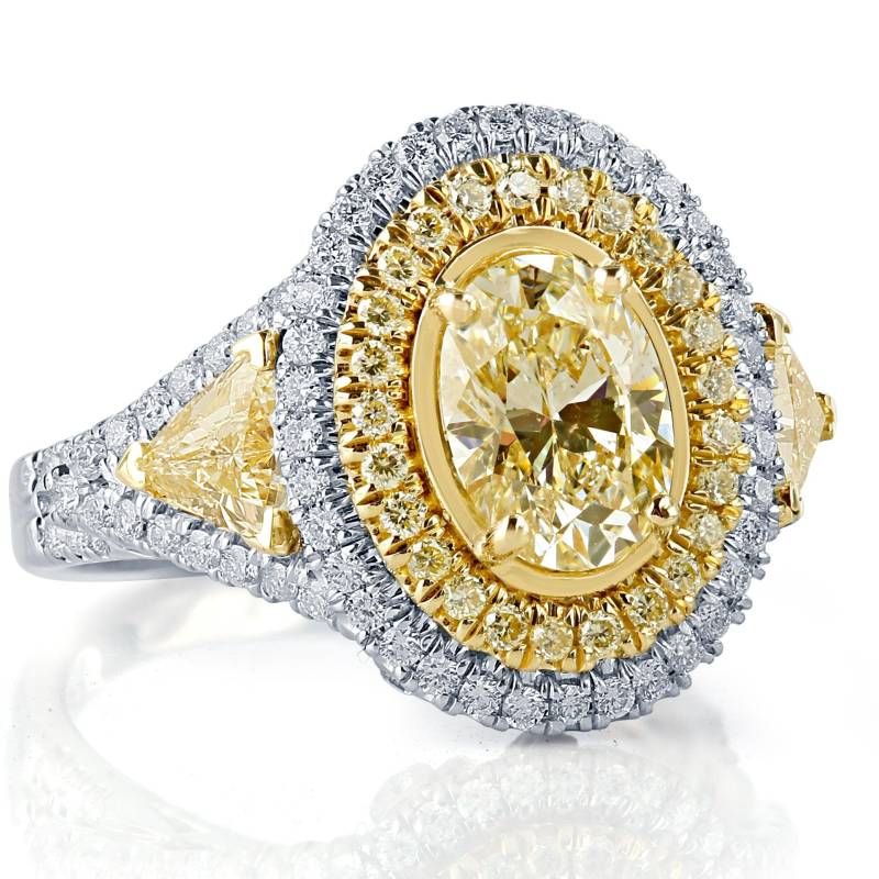 2, 96 Ct Ovaler Diamant-Verlobungsring, Gelber Doppelter Halo-Verlobungsring, Diamantring 18K Weißgold von USJewelryFactory