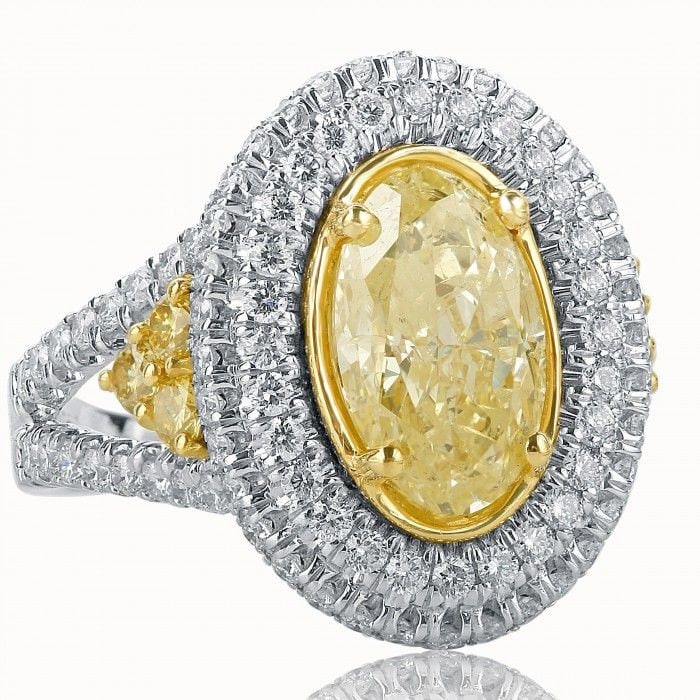 4.02Ct Art-Deco-Verlobungsring Mit Ovalem Gelbem Diamanten, Doppelter Halo-Runde Handgefertigter Split-Schaftring, 18 Karat Zweifarbiges Gold von USJewelryFactory