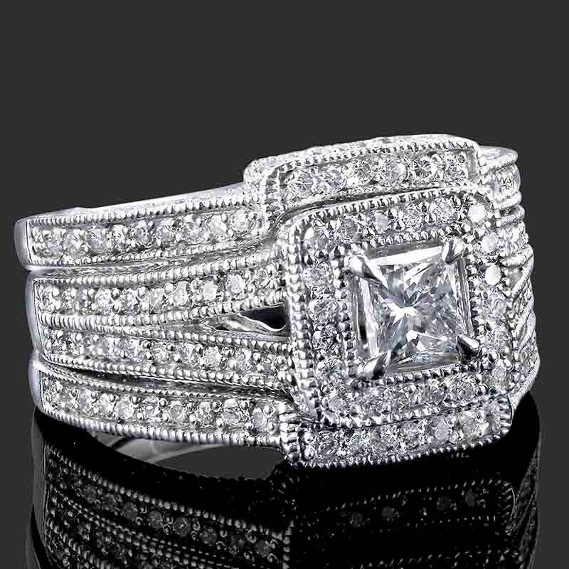 Princess Cut Diamant Verlobungsring Set, 2.36Ctw Halo 14K Weißgold Eheringe von USJewelryFactory