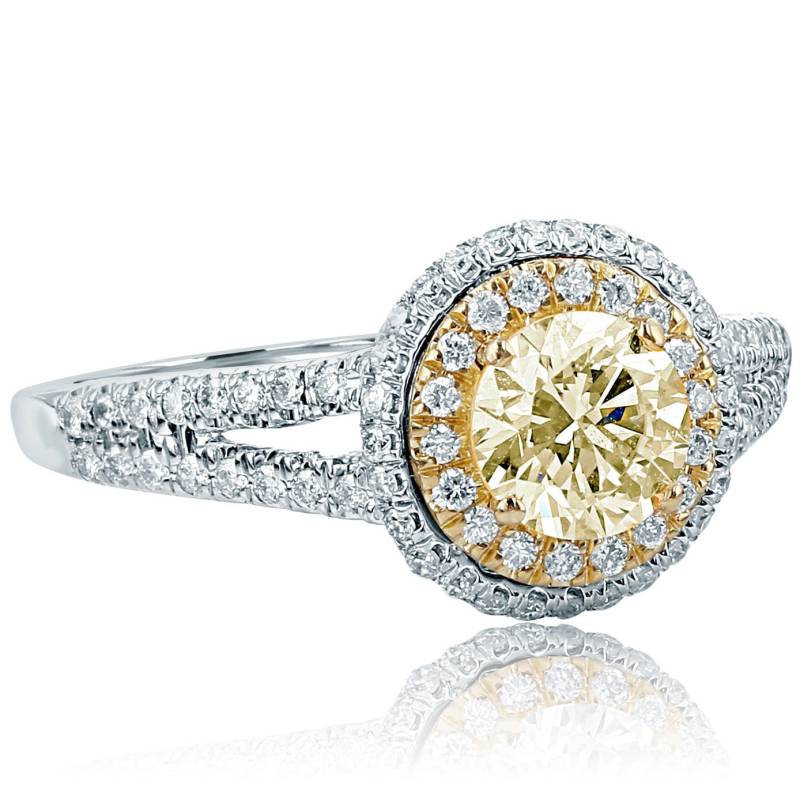 Hellgelber Diamant Verlobungsring Halo 1.24 Kt, 14K Weißgold Split Schaft von USJewelryFactory