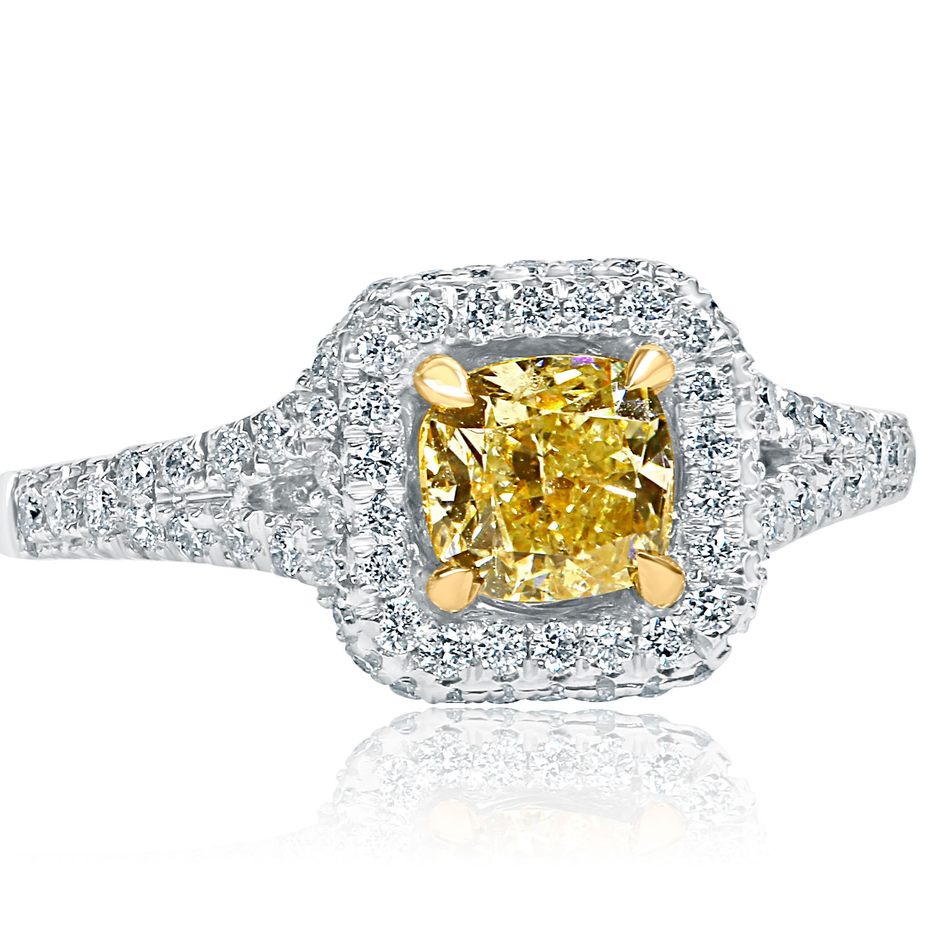 Kissen Diamant Verlobungsring, 1.57Ct Gelb Halo Kissenschliff Ring Split Schaft Band 14K Weißgold von USJewelryFactory