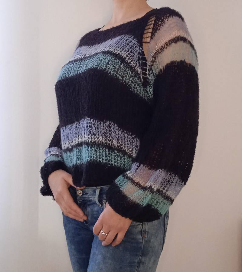 strickpullover, Pullover Schwarz, Mohairpullover, Handgestrickter Pullover, Weicher Transparenter Oversize Langarmpullover von USKnitting