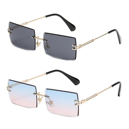 USTNIR 2 Stücke Rechteck Randlose Sonnenbrille, Retro Durchsichtige Linse Rahmenlose für Frauen Männer Square Rimless Sunglasses von USTNIR