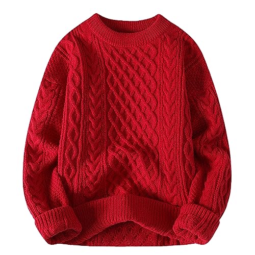 USTZFTBCL Herbst Winter Herrenpullover Vintage O-Ausschnitt Einfarbig Gestrickte Pullover Lockerer Herren Retro Strickpullover Red M von USTZFTBCL