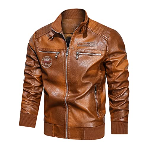 USTZFTBCL Herbst Winter Vintage Herren-Faux-Lederjacken,Baseballkragenjacke,Leder-Bikerjacke,Slim Fit für Männer Vintage Brown M von USTZFTBCL