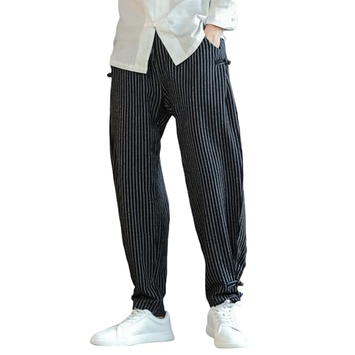 USTZFTBCL Herrenhose Frühling Chinesischer Stil Gestreifte Froschknöpfe Lockere Jogging Freizeithose Lang Black XS von USTZFTBCL