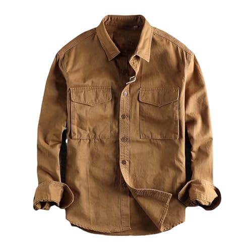 USTZFTBCL Retro Männlich Cargo Stil Hemd Baumwolle Khaki Leicht Lässiges Arbeit Freizeit Hemd Khaki M von USTZFTBCL