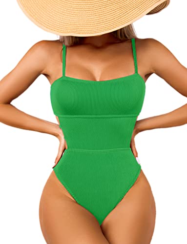 USUN Damen Badeanzug Einteilige Bademode Taille Cutout Sexy Badeanzug Gerippter Bauch Kontrolle Badeanzüge Monokinis(EmeraldGreen-S) von USUN