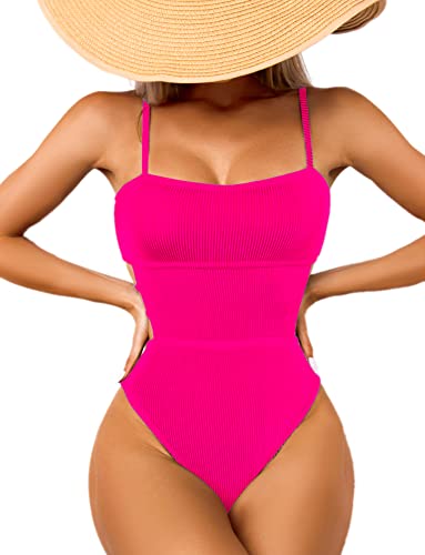 USUN Damen Badeanzug Einteilige Bademode Taille Cutout Sexy Badeanzug Gerippter Bauch Kontrolle Badeanzüge Monokinis(Rose-S) von USUN