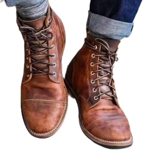 USUWE Denim Stiefel Imitation PU Leder Schnürung Männer Einzelschuhe Runde Zehe Schnürung Arbeitskleidung Stiefel West 38-48(braun,41) von USUWE