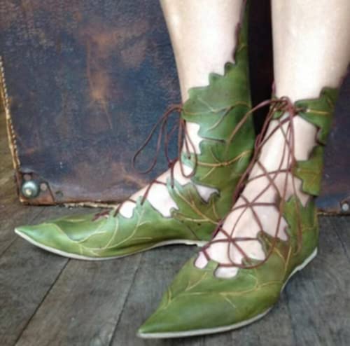 USUWE Individualisierte Blatt Blume Schnürung spitze Damenschuhe PU Leder Sommer Frauen flache Schuhe 34-43(grün,39) von USUWE