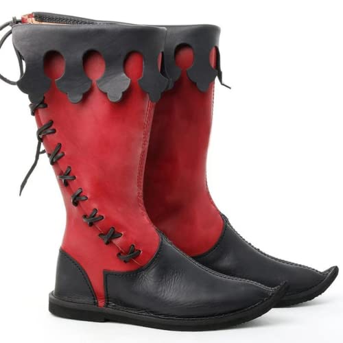 USUWE Vintage Stiefel mit flachem Boden, PU-Leder Reiter Schnürung Piratenstiefel, Vintage Ritterstiefel für Männer und Frauen, 38-48(rot,45) von USUWE