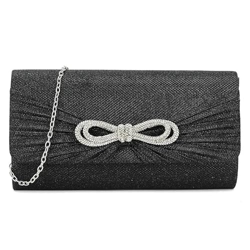 UShopUK Clutch mit Glitzer-Schleife, glänzend, für Brautschmuck, Abschlussball, Hochzeit, Abendveranstaltung, modische Handtasche, Schwarz , medium von UShopUK