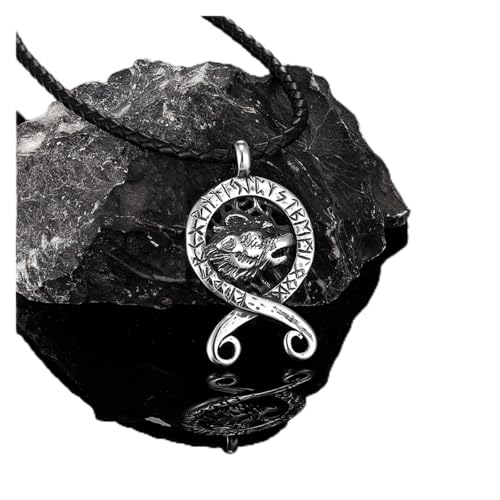 UTHTY Mode Halsketten Retro Odins Wolf Halsketten Männer Wikinger Runen Nordische Mythologie Amulett Anhänger Antik Stahl Punk Schmuck Halsketten Schmuck Geschenk (Color : Leather Rope, Size : 7 3/8) von UTHTY