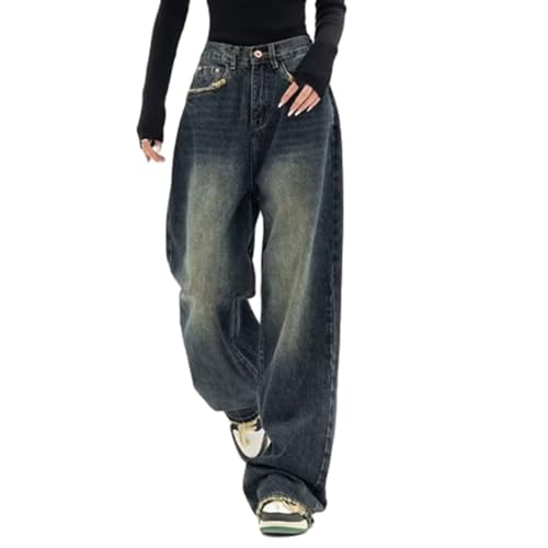 Baggy Jeans Damen Jeans Hose mit Hoher Taille Y2K Style Harajuku Streetwear Hose Casual Baggy Vintage Denim Hose Freizeit Loose Gerade Hosen(M) von UTNCCCZU