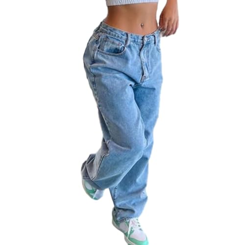 Jeans Damen Baggy Y2k Boyfriend Jeanshose Low Waist Hip Hop Straight Vintage Denim Hose Breites Bein Loose Hosen Locker Streetwear Schlupfjeans Freizeithose(Blue,L) von UTNCCCZU