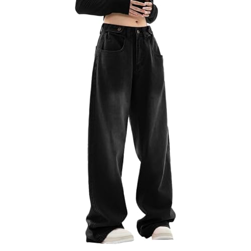 UTNCCCZU Baggy Jeans Damen 90er Reißverschluss Jeanshose Boyfriend Jeans Y2k Cargohose Bootcut Skateboard Hose High Waist Latzhose Breite Bein Pants(Black,M) von UTNCCCZU