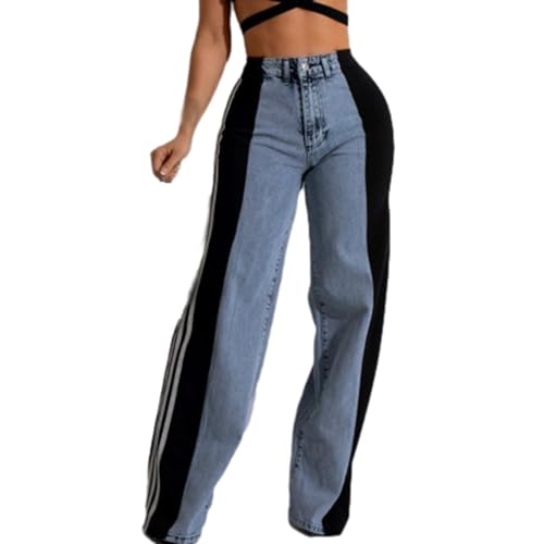 UTNCCCZU Damen Jeans mit Patchwork-Streifen Hohe Taille Lockerer Denim Farbblock-Jeans Gerade Hose mit Weitem Bein(Blue1,S) von UTNCCCZU