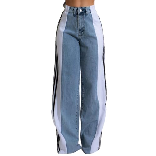UTNCCCZU Damen Jeans mit Patchwork-Streifen Hohe Taille Lockerer Denim Farbblock-Jeans Gerade Hose mit Weitem Bein(Blue3,S) von UTNCCCZU