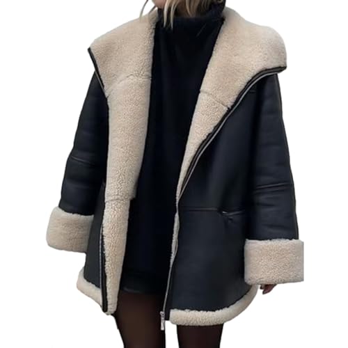 UTNCCCZU Damen-Motorradjacke aus Kunstleder Übergroße Kurze Bomberjacke aus PU-Pelz Lammfell Oberbekleidung Kunstlederjacke Gefüttert mit Dickem Kunstpelz Wintermantel Street-Casual-Motorrad-Stil(L) von UTNCCCZU