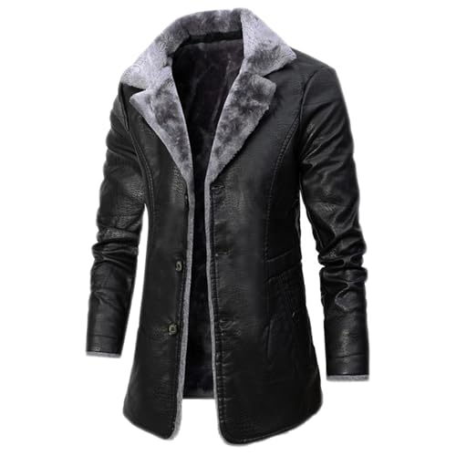 UTNCCCZU Schwarze Vintage-Lederjacke für Herren Fleece-gefütterter PU-Mantel Wintermantel mit Pelzkragen Kunstlederjacke Winterjacke Warme Fleece-gefütterte Kunstleder-Oberbekleidung Slim Fit(Black,L) von UTNCCCZU