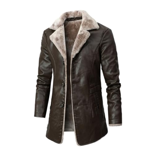 UTNCCCZU Schwarze Vintage-Lederjacke für Herren Fleece-gefütterter PU-Mantel Wintermantel mit Pelzkragen Kunstlederjacke Winterjacke Warme Fleece-gefütterte Kunstleder-Oberbekleidung Slim Fit(Brown,XL von UTNCCCZU