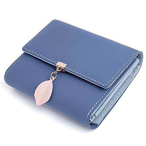 UTO Geldbörse Damen Klein mit Blatt Anhänger RFID Kleines Portemonnaie Kunstleder Druckknopf Bi-Fold Brieftasche Mini Geldbeutel Viele Fächern Feiner Portmonee Münzfach Weihnachten Neujahr Blau von UTO