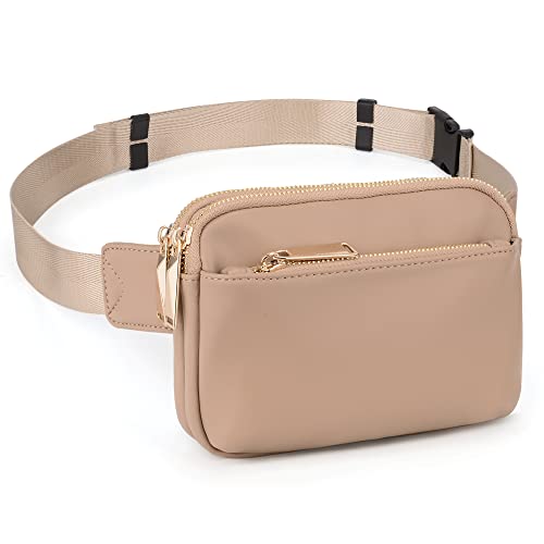 UTO Bauchtasche Damen Herren PU-Leder Mode Gürteltasche Leichte Hüfttasche mit 3 Reißverschlusstaschen im Freien Einkauf Reisen Wandern Aprikose von UTO