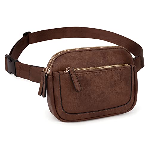 UTO Bauchtasche Damen Stylisch Braun Mini Hüfttasche Frauen Gürteltasche PU Leder Crossbody Tasche Kleine Umhängetasche mit Breiter Gurt Schlanke leichte Wasit Pack Reißverschluss Brusttasche von UTO