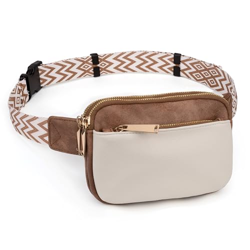 UTO Bauchtasche Damen Stylisch PU Leder Mode Schlanke leichte Hüfttasche mit 3 Reißverschlusstaschen Gürteltasche Weiß und Braun von UTO