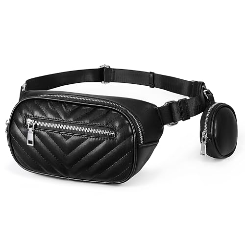 UTO Bauchtasche Damen Stylisch V-Muster Gesteppte mit Münzbeutel Kunstleder Gürteltasche Cord wasserdichte mit Verstellbarer Schultergurt Brusttasche Reißverschlüss Hüfttasche Schwarz von UTO